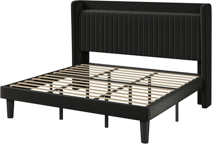 Allewie King Size Platform Bed Frame with USB Charging Station and Storage Shelf/Upholstered Velvet Wingback Headboard/Wooden Slats Support/No Box Spring Needed/Easy Assembly, Black