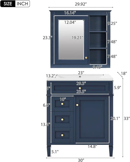 30" Bathroom Vanity with Matching Medicine Cabinet, Modern Sink Storage Cabinet with Drawers, Soft Closing Doors and Shelf, Bathroom Vanities with Sink & Mirror