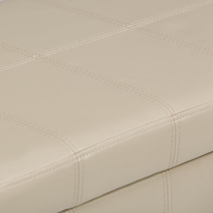 SIMPLIHOME Amelia 33 inch Wide Transitional Rectangle Storage Ottoman Bench in Satin Cream Vegan Faux Leather, Assembled, For the Living Room, Entryway and Family Room