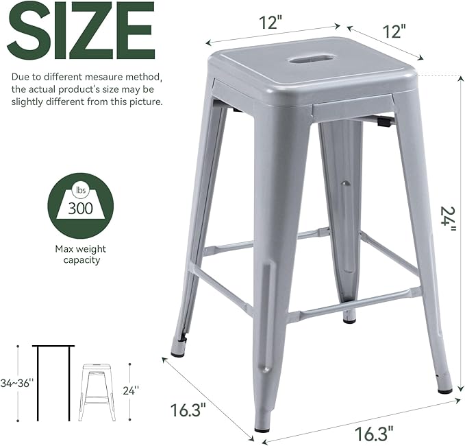 Vogue Furniture Direct 24" High Bar Stools Backless Silver Metal Barstools Indoor-Outdoor Barstools Counter Height Stools with Square Seat, Set of 2 - VF1571021