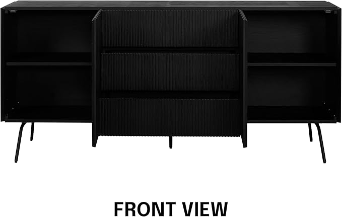 NTC Veil Large Sideboard with 2 Doors and 3 Drawers, Buffet Cabinet with Vertical Groove Design and Metal Legs, Storage Cabinet for Living Room, and Entryway, Effortless Assembly - Burnt Black