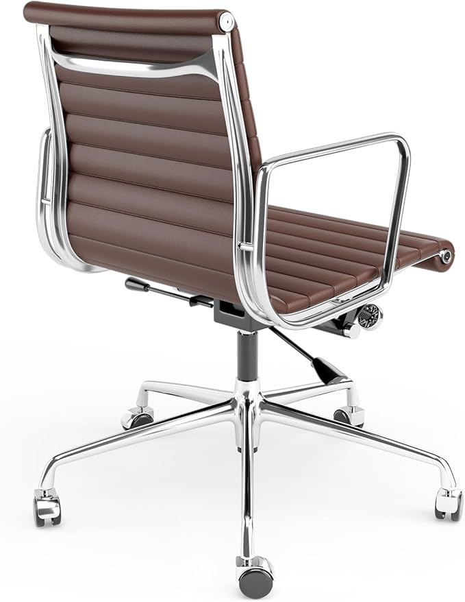 Ribbed Office Chair Top Grain Leather Desk Chair Mid Back Genuine Leather Swivel Chairs with Aluminum Alloy Arms & Base, with Silent Wheels, High Adjustable and Tilting Function,Brown