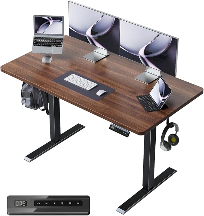 FEZIBO One-Piece Standing Desk Adjustable Height Stand up Home Office Desk, 48x24 Inch Electric Standing Computer Desk, with 4 Memory Presets, Headphone Hook, Black Walnut
