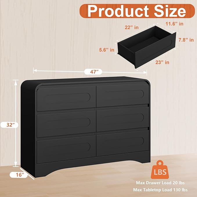6 Drawer Dresser with Extendable Table, L-Shaped Desk & Vanity Combo, 47" Wood Dresser & Chest of Drawers, Modern Closet Clothes Storage Dressers Organizer for Bedroom Living Room Hallway, Black