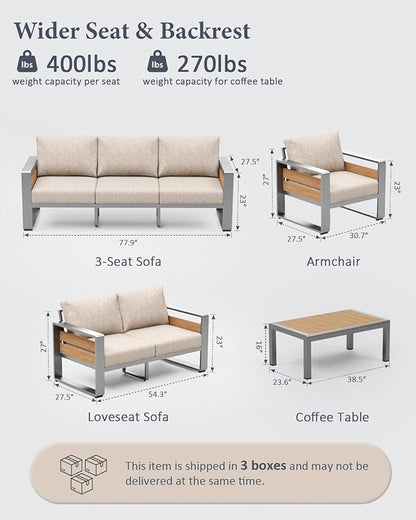 ZANDOR Aluminum Outdoor Patio Conversation Furniture Set, 4 PCS Metal Modern Outside Sectional Lawn Furniture with Coffee Table & Washable Thick Cushions,Seating Sofa for Garden/Backyard/Porch Silver