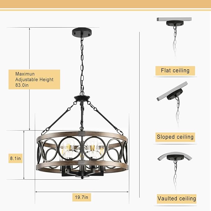 Light Fixtures Ceiling Mount,5 Light Flush Mount Ceiling Light with Chain,Height Adjustable Rustic Farmhouse Chandeliers for Dining Room,19.71" Black Chandelier Modern Pendant Light Fixture