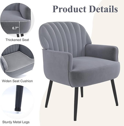 Velvet Accent Chair, Upholstered Modern Leisure Single Sofa Side Chair, Comfy Tufted Back Armchair with Metal Legs for Living Room/Bedroom/Office/Reading Room, Grey
