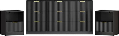 3-Piece Modern Bedroom Furniture Set, Wide 9-Drawer Dresser & 1-Drawer Nightstands Set of 2, Natural Wood Dresser and Nightstand Sets for Bedroom, Hallway, Black