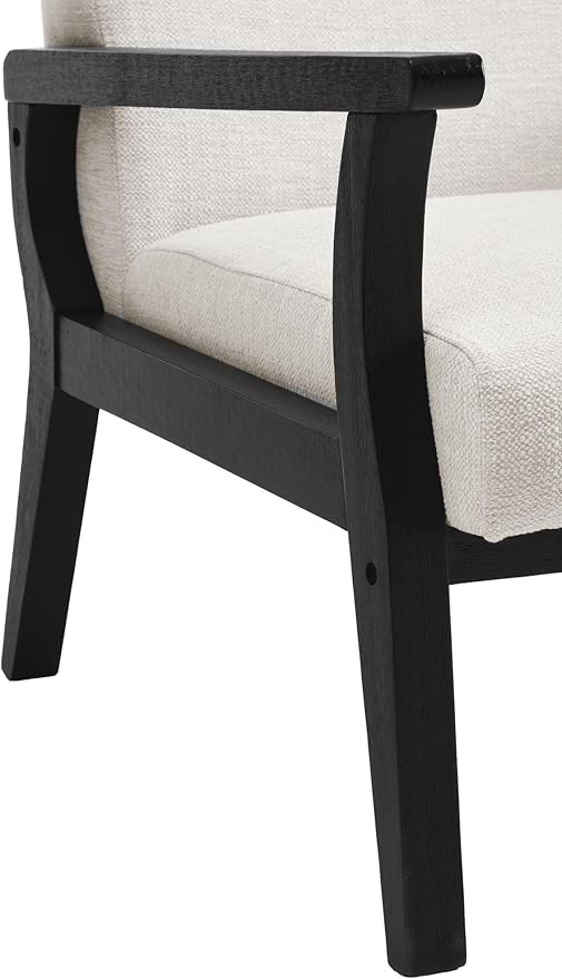 Mid Century Modern Accent Chair, Linen Upholstered Living Room Accent Armchair with Black Wood Frame, Farmhouse Chair Indoor Corner Chair for Living Room Bedroom, Beige