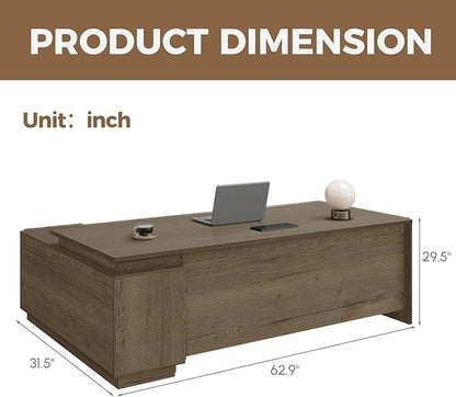 L-Shaped Executive Desk with Reversible Cabinets, Lockable Drawers & Cable Management – Large Wood Office Desk for Home or CEO Office(Walnut,63" L*32" W*30" H)