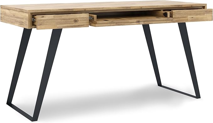 SIMPLIHOME Lowry Desk - 54-Inch Wide Solid Acacia Wood and Metal Writing Desk in Distressed Golden Wheat, Modern Industrial Home Office Computer Table with 2 Drawers and Flip-Down Keyboard Tray