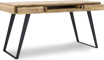SIMPLIHOME Lowry Desk - 54-Inch Wide Solid Acacia Wood and Metal Writing Desk in Distressed Golden Wheat, Modern Industrial Home Office Computer Table with 2 Drawers and Flip-Down Keyboard Tray