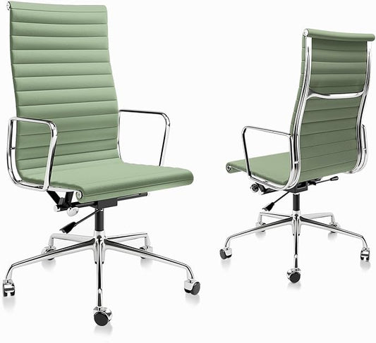 Ribbed Office Chair with Top Grain Leather - High Back Ergonomic Desk Chair with Aluminum Arm Rest and 5-Star Base, Swivel Chairs Light Green