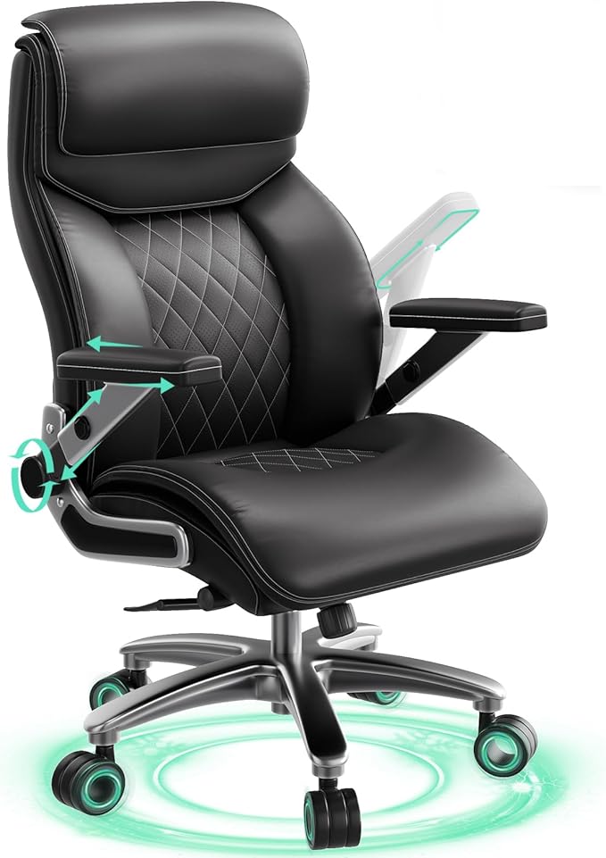 Big and Tall Office Chair with 5D Arms, 600lbs Heavy Duty Desk Chair with Adjustable Lumbar Support, PU Leather High Back Ergonomic Executive Computer Chair with 3'' Silent Casters