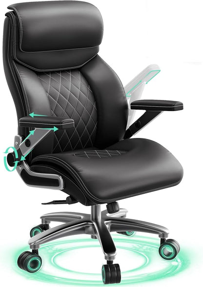 Big and Tall Office Chair with 5D Arms, 600lbs Heavy Duty Desk Chair with Adjustable Lumbar Support, PU Leather High Back Ergonomic Executive Computer Chair with 3'' Silent Casters