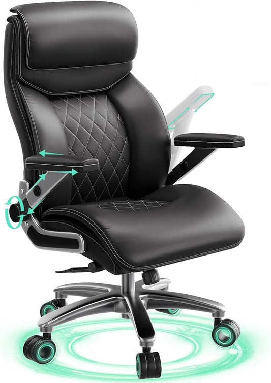 Big and Tall Office Chair with 5D Arms, 600lbs Heavy Duty Desk Chair with Adjustable Lumbar Support, PU Leather High Back Ergonomic Executive Computer Chair with 3'' Silent Casters