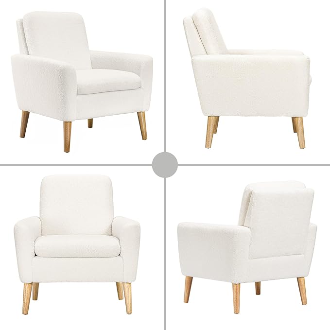 Lohoms Sherpa Accent Chair, Modern White Teddy Fabric Upholstered Comfortable Armchair, Comfy Reading Leisure Chairs for Bedroom, Living Room, Home Office, Small Sofa Chair with Wood Legs