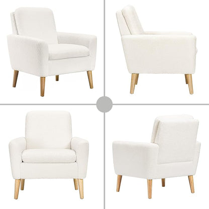 Lohoms Sherpa Accent Chair, Modern White Teddy Fabric Upholstered Comfortable Armchair, Comfy Reading Leisure Chairs for Bedroom, Living Room, Home Office, Small Sofa Chair with Wood Legs