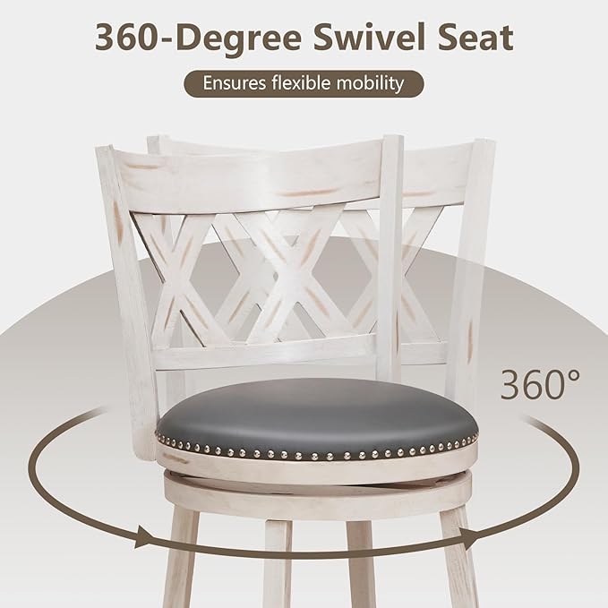 COSTWAY Bar Stool Set of 2 for Kitchen Island, 25.5” Swivel Armless Counter Height Stools with 20'' Wider Padded Seat, Ergonomic Curved Backrest, Rubber Wood Frame (2, Antique White + Gray)