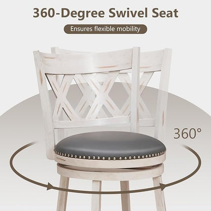 COSTWAY Bar Stool Set of 2 for Kitchen Island, 25.5” Swivel Armless Counter Height Stools with 20'' Wider Padded Seat, Ergonomic Curved Backrest, Rubber Wood Frame (2, Antique White + Gray)