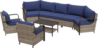 COOS BAY Aurora Terrace Half-Moon Outdoor Furniture Set, Rattan Conversation Set with Patio Chairs, Curved 5-Seat Sofa, Coffee Table, Seats 7, Beige/Blue