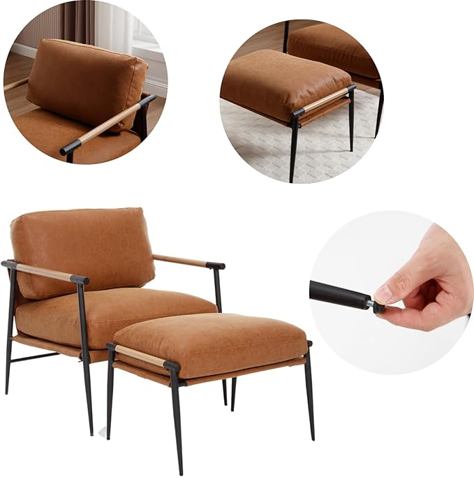 DUOMAY Mid Century Modern Accent Chair with Ottoman Set, PU Brown Upholstered Living Room Chair with Metal Legs Lazy Lounge Chair Set with Footrest for Bedroom Living Room