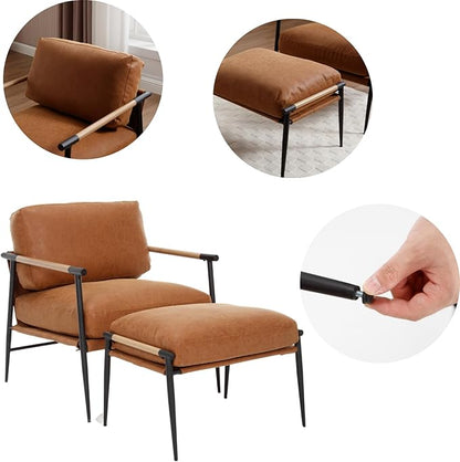 DUOMAY Mid Century Modern Accent Chair with Ottoman Set, PU Brown Upholstered Living Room Chair with Metal Legs Lazy Lounge Chair Set with Footrest for Bedroom Living Room
