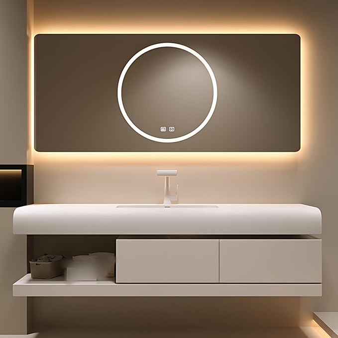 52IN Bathroom Vanity with Sink - Bathroom Cabinet Set has 2 Drawers & Overflow Hole Wall Mounted | LED Practical Defogging Mirror, Open Compartments, Seamless Rock Slab Basin (Cream White)