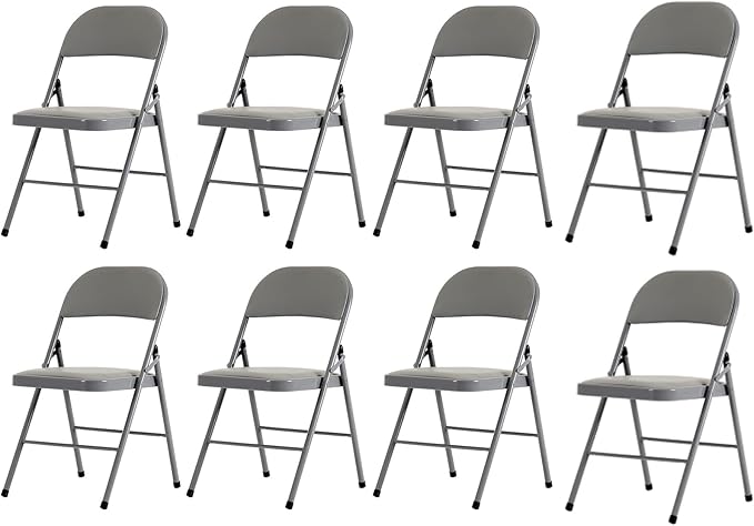 8 Pack Grey Folding Chairs with Padded Seats, Portable Stackable Foldable Chairs for Indoor and Outdoor, Commercial Seat with Metal Frame for Events Office Wedding Party, 330lbs Capacity