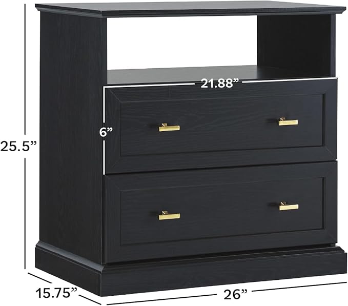 Walker Edison 2- Pack Clyde Modern Farmhouse 2 Drawer Nightstands with Shelf, 26 Inch, Black