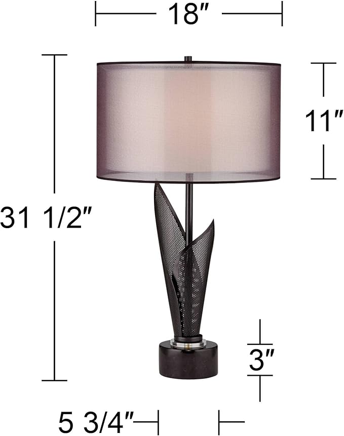 Possini Euro Design Sasha Modern Industrial Table Lamp 31 1/2" Tall Sculptural Black Metal Organza Sheer Outer White Fabric Inner Dum Shade for Bedroom Living Room House Bedside Nightstand Office