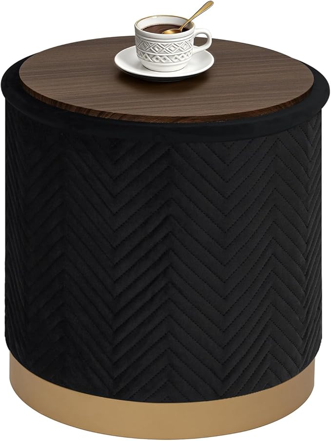 B FSOBEIIALEO Ottoman with Stroage, Round Velvet Storage Ottoman with Gold Plating Base,Foot Rest Stool for Dorm Room, Living Room Black, 16.73"x16.73"x17.72"