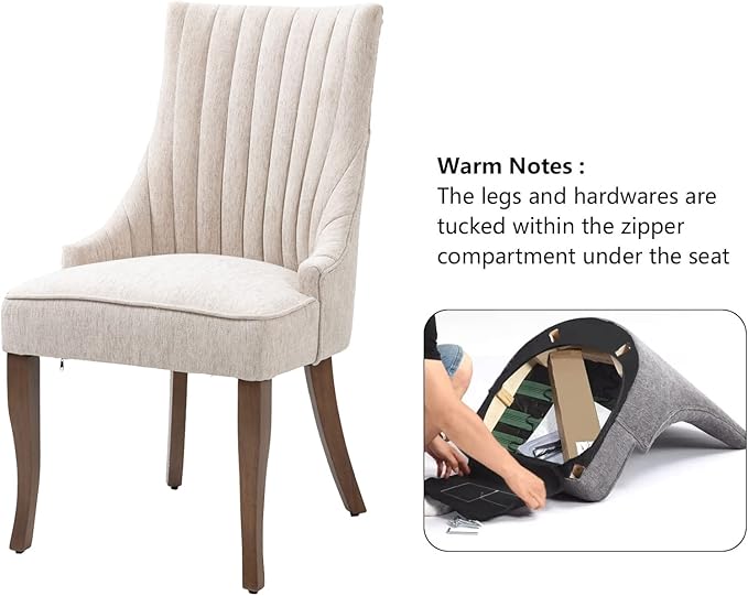 mikibama Linen Dining Chairs Set of 2 Channel Tufted Kitchen Dinner Chair Comfy Fabric Upholstered Accent Chair for Dining Room with Solid Wood Legs (Beige)