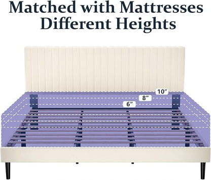 King Size Bed Frame,King Size Platform Bed Frame and Velvet Upholstered Headboard with Strong Wood Slats, Box Spring Optional, Mattress Foundation, Easy Assembly Beige