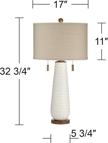 Possini Euro Design Kingston Mid Century Modern Table Lamp 32 3/4" Tall White Grooved Patterned Ceramic Taupe Drum Shade for Bedroom Living Room House Bedside Nightstand Home Office Entryway Family