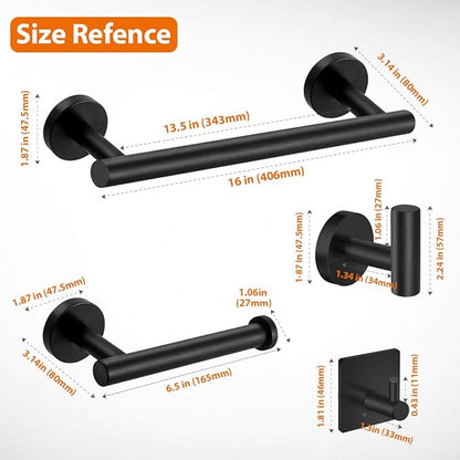 5-Pieces Matte Black Bathroom Hardware Set SUS304 Stainless Steel Round Wall Mounted - Includes 16" Hand Towel Bar, Toilet Paper Holder, 3 Robe Towel Hooks,Bathroom Accessories Kit