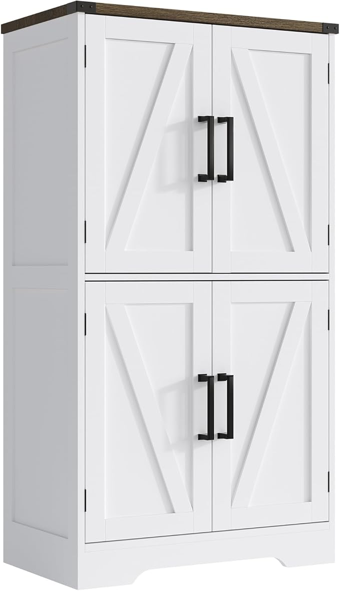 Treocho Bathroom Floor Cabinet, Farmhouse Bathroom Storage Cabinet with Doors and Adjustable Shelves, Freestanding Kitchen Pantry Cabinet, Cupboard for Living Room, Dining Room, White