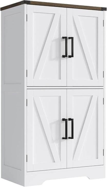 Treocho Bathroom Floor Cabinet, Farmhouse Bathroom Storage Cabinet with Doors and Adjustable Shelves, Freestanding Kitchen Pantry Cabinet, Cupboard for Living Room, Dining Room, White