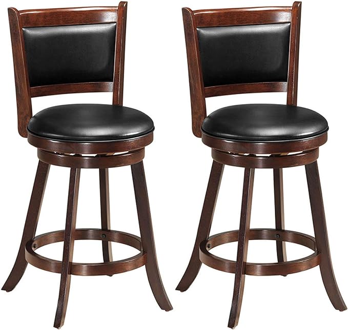 COSTWAY Bar Stools Set of 2, 360 Degree Swivel, Accent Wooden Swivel Seat Counter Height Bar Stool, Leather Upholstered Design, PVC Cushioned Seat, Perfect for Dining and Living Room (Height 24")