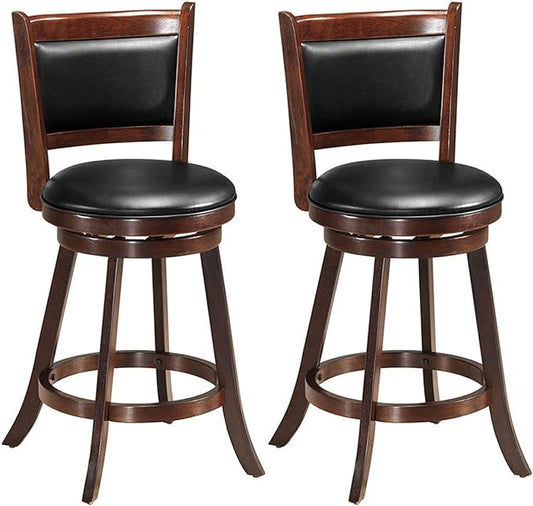 COSTWAY Bar Stools Set of 2, 360 Degree Swivel, Accent Wooden Swivel Seat Counter Height Bar Stool, Leather Upholstered Design, PVC Cushioned Seat, Perfect for Dining and Living Room (Height 24")