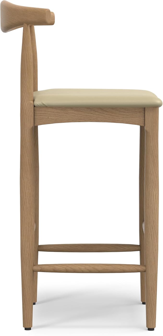 SIMPLIHOME Molly Bar Stool - 29 inch Seat Height Upholstered Wood Chair in Natural Faux Leather, Mid Century Seating for Kitchen or Bar with Contoured Back and Footrest, Fully Assembled