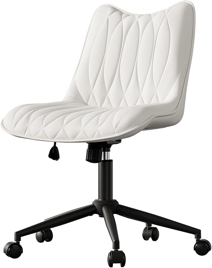 Armless Desk Chair, Armless Office Chair with Wheels, Small Desk Chair No Arms for Home Office, Swivel Vantiy Chair with Backs for Bedroom, Rolling Task Chair for Small Space, White