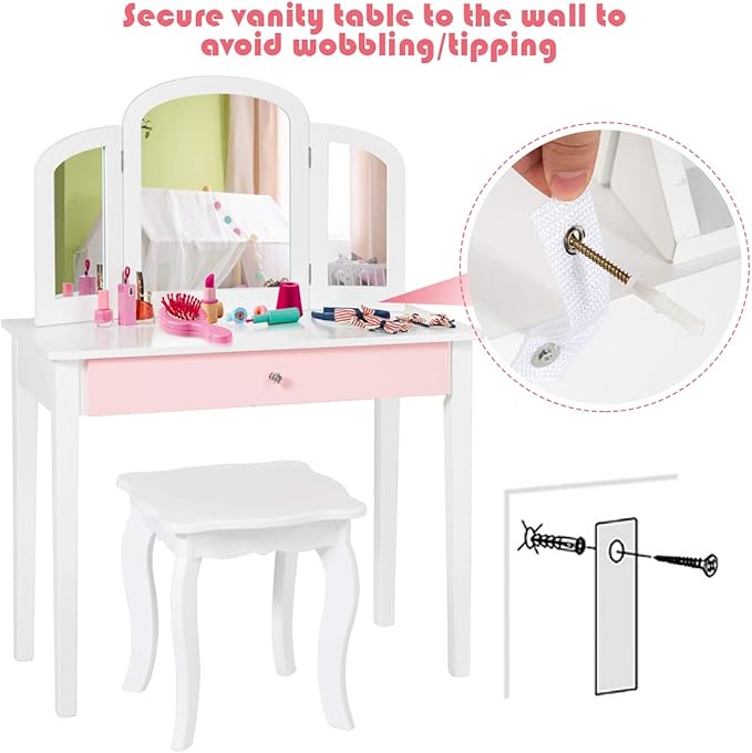 Costzon Kids Vanity, Girls Vanity Set with Tri-Folding Mirror, Stool, Storage Drawer, Princess Toddler Makeup Vanity Desk Dressing Table, Wooden Kids Vanity Table and Chair Set (White)