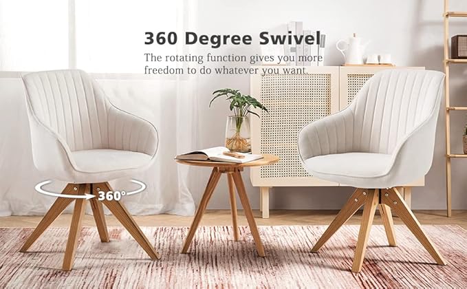 Zouron Mid Century Modern Swivel Accent Chair, Vanity Chair with Wooden Legs, Upholstered Arm Chair No Wheels, Accent Side Chair for Small Space Home Office Living Room Bedroom, Raw White