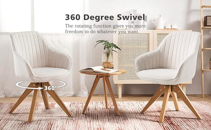 Zouron Mid Century Modern Swivel Accent Chair, Vanity Chair with Wooden Legs, Upholstered Arm Chair No Wheels, Accent Side Chair for Small Space Home Office Living Room Bedroom, Raw White