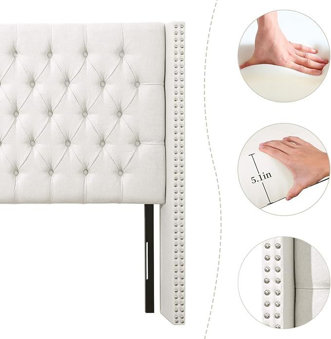 Lucky Monet Linen Upholstered Headboard Queen Size (Headboard Only), Nail Head Trim Wingback Tufted Button Headboard Luxury Soft Padded Head Board with Durable Metal Legs, Adjustable Height, Beige