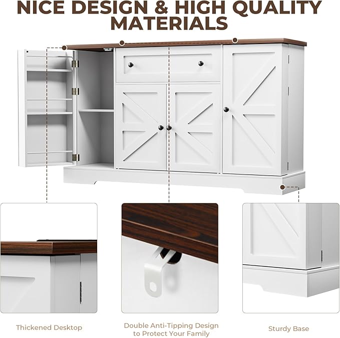 55.1" Buffet Cabinet with Storage, Charging Station, Modern Kitchen Buffet Sideboard with Drawer, White Wood Coffee Bar with Adjustable Shelves & Spice Rack, Kitchen Storage Cabinet for Living Room