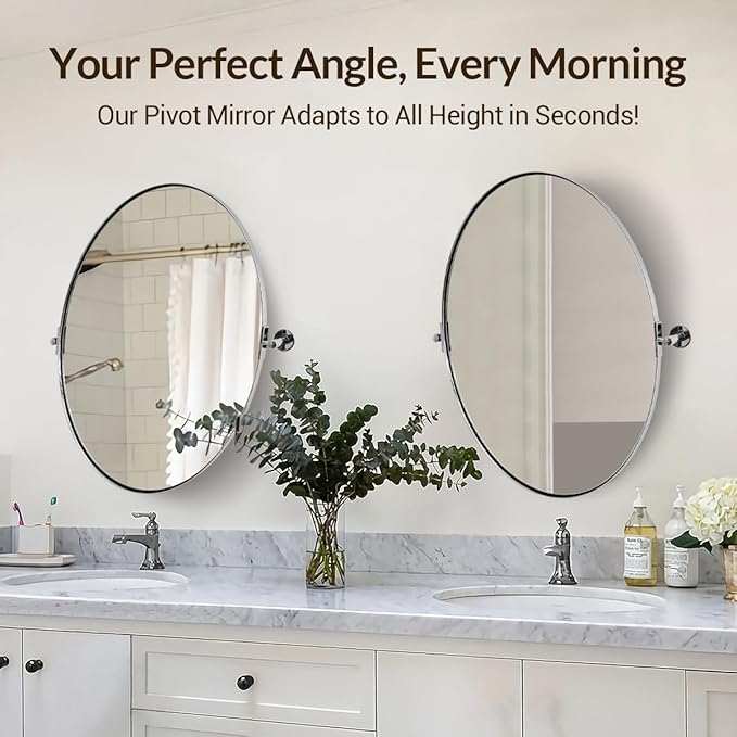 ANDY STAR Oval Bathroom Mirror, 24" x 32" Chrome Stainless Steel Metal Frame Vanity Mirror for Over Sink with Adjustable Tilting Design, Pivoting Mirror for Modern Wall Decor