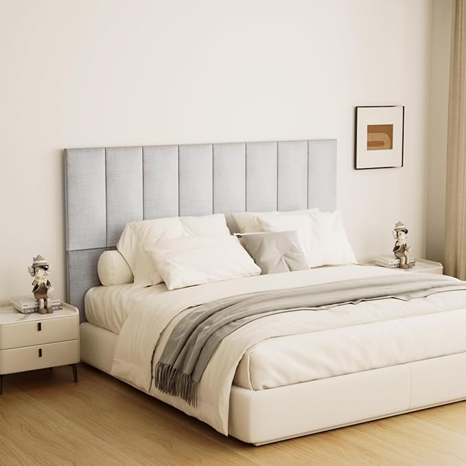 Upholstered Wall Mounted Headboard, 3D Soundproof Wall Panels Peel and Stick Headboard for Queen Size, Tufted, Light Grey (9 Panels, 10" x 24")