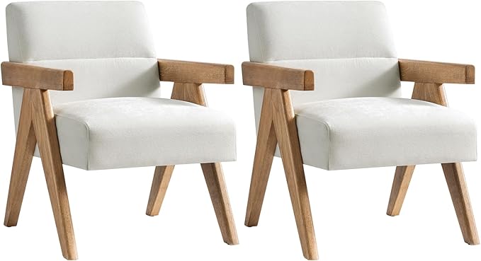HULALA HOME Modern Accent Chair, Upholstered Arm Chair with Solid Wood Frame, Comfortable Padded Seat and Back, for Living Room, Bedroom Set of 2, Ivory